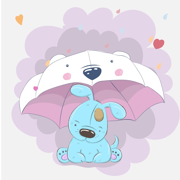 Cute dog and umbrella cartoon hand drawn