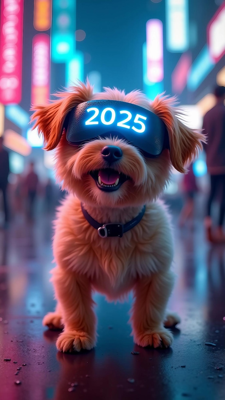Vector cute dog wearing 2025 new year glasses on white and black background