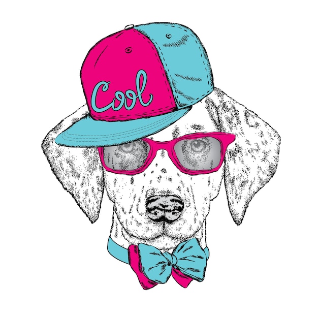 Cute dog wearing a cap and sunglasses Vector illustration for greeting card poster or print