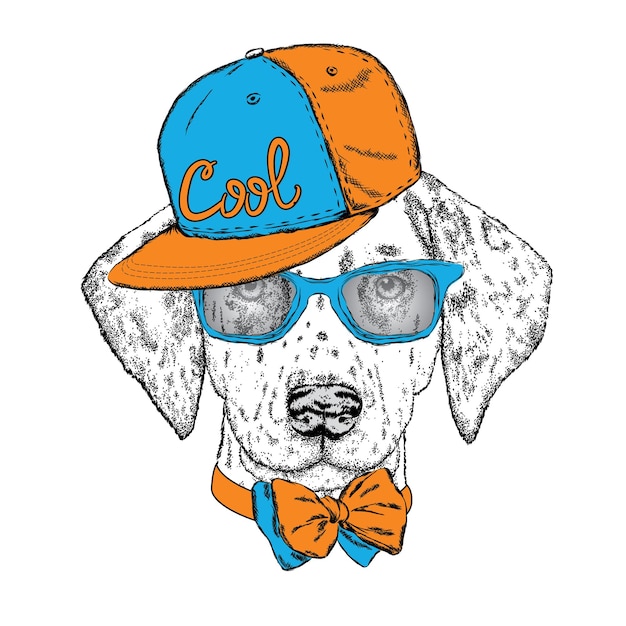 Cute dog wearing a cap and sunglasses Vector illustration for greeting card poster or print