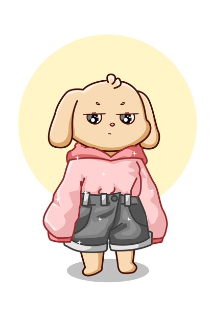 A cute dog wearing pink hoodie and short jeans
