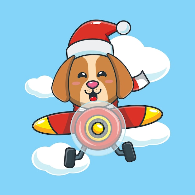 Cute dog wearing santa hat fly with plane cute christmas cartoon illustration