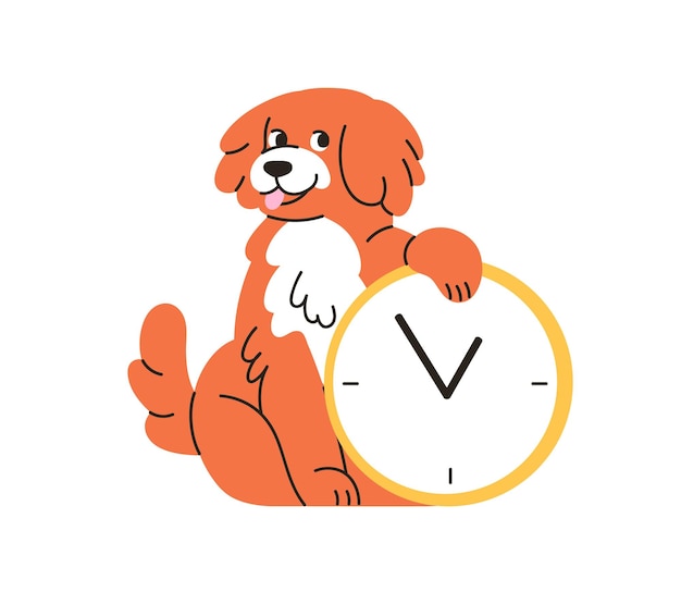 Cute dog with alarm clock Time management biorhythms concept Funny happy doggy puppy waiting expecting hinting Canine animal and watches Flat vector illustration isolated on white background