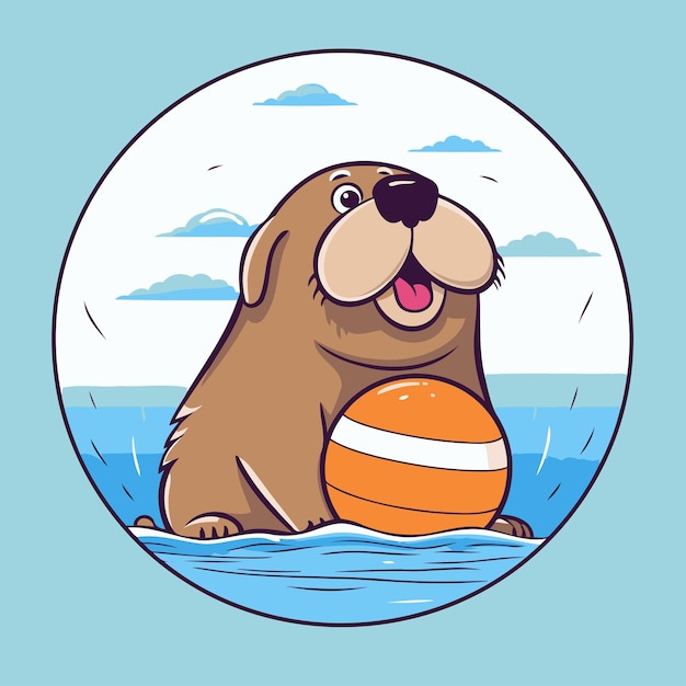 Vettore cuccio con una palla sulla spiaggia illustrazione vettoriale