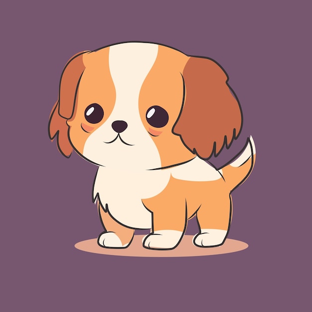 A cute dog with a brown and white face is standing in front of a purple background Kawaii anime