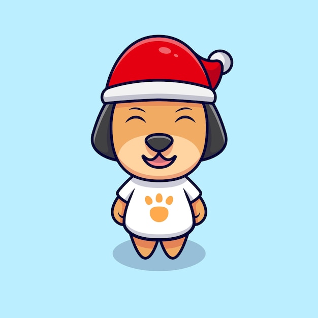 Cute dog with christmas hat cartoon icon illustration. flat cartoon style