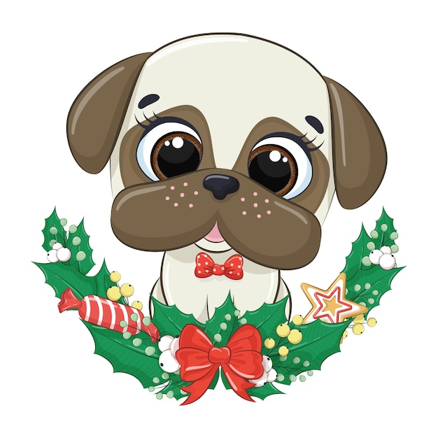 Vector cute dog with christmas wreath.