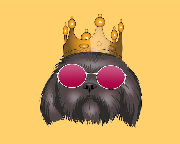 王冠とガラスの漫画のベクトルイラストとかわいい犬