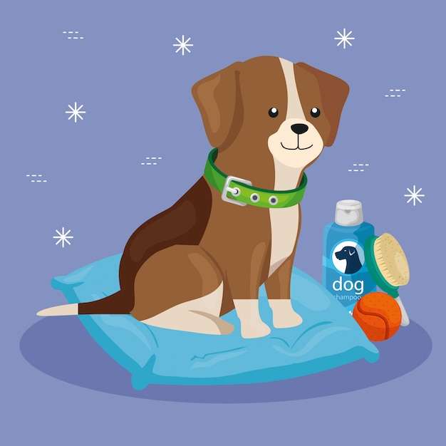 Vector cute dog with cushion and elements for care