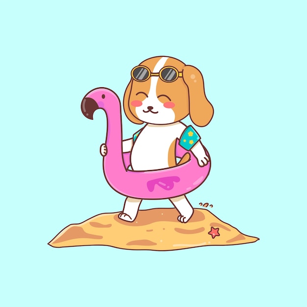 cute dog with flamingo float in summer vector design illustration