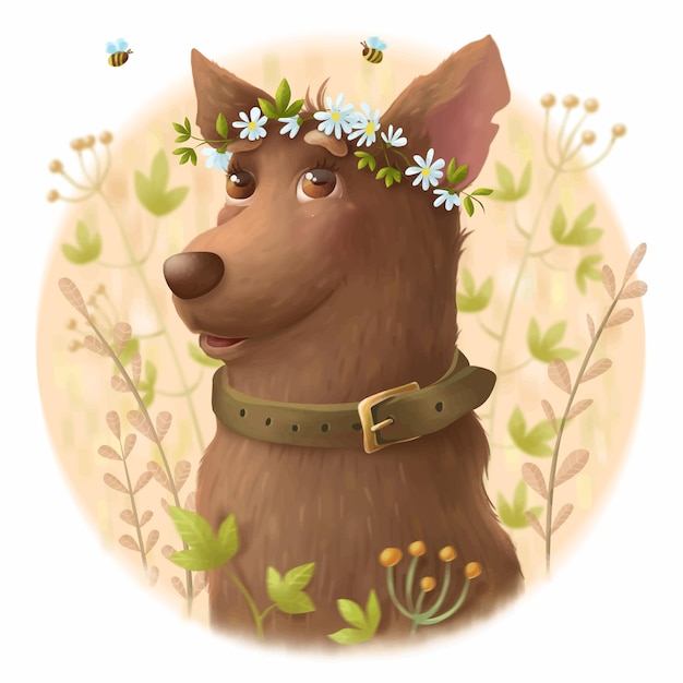 Simpatico cane con una corona di fiori in testa