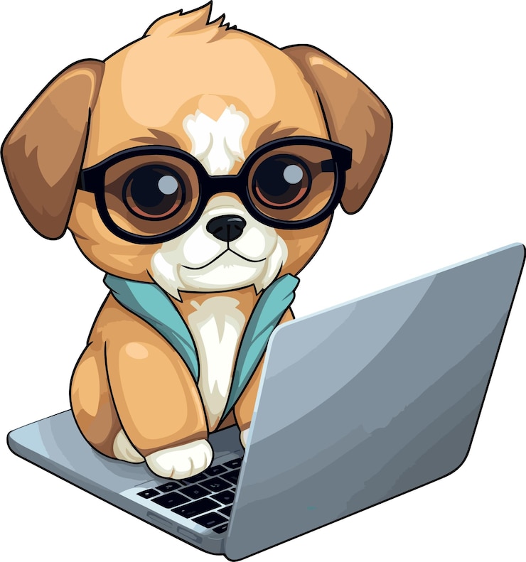 Vector cute dog with glasses sitting on a laptop vector illustration
