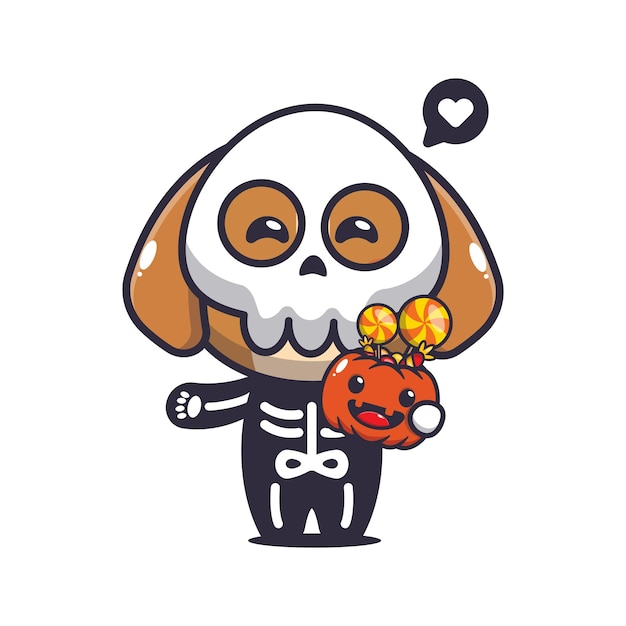 Vector cute dog with skeleton costume holding halloween pumpkin. 
cute halloween cartoon illustration.