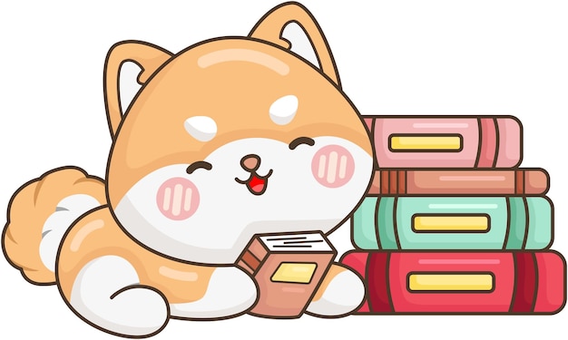 Vector cute dog with a stack of books