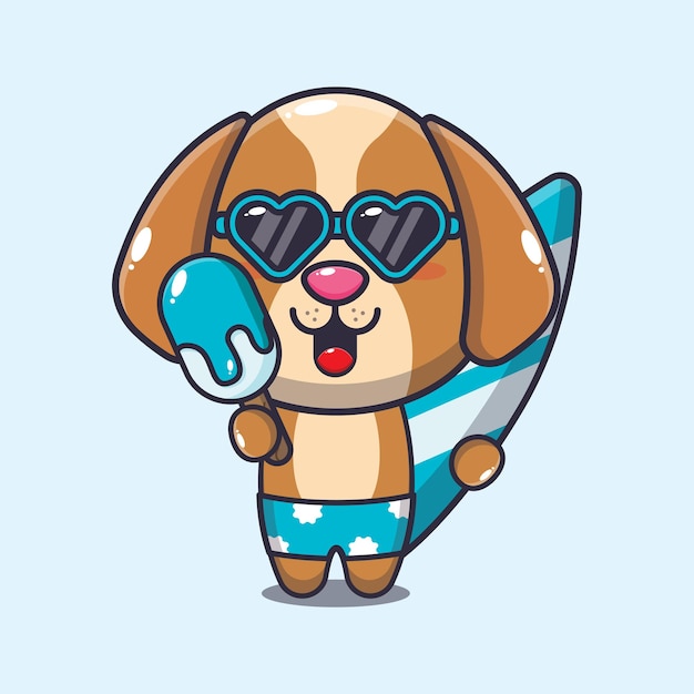 Vector cute dog with surfboard holding ice cartoon illustration.