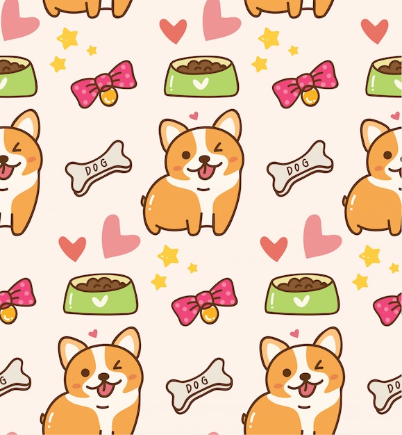 Vector cute dog with toys and food kawaii background