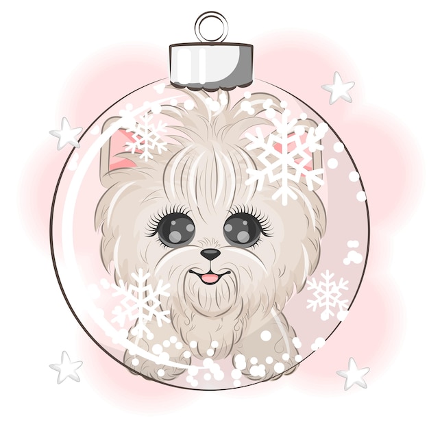 Vettore simpatico cane yorkshire terrier in un'illustrazione vettoriale della palla dell'albero di natale