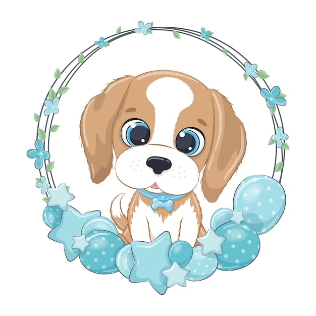 Cute doggy with balloon and wreath.