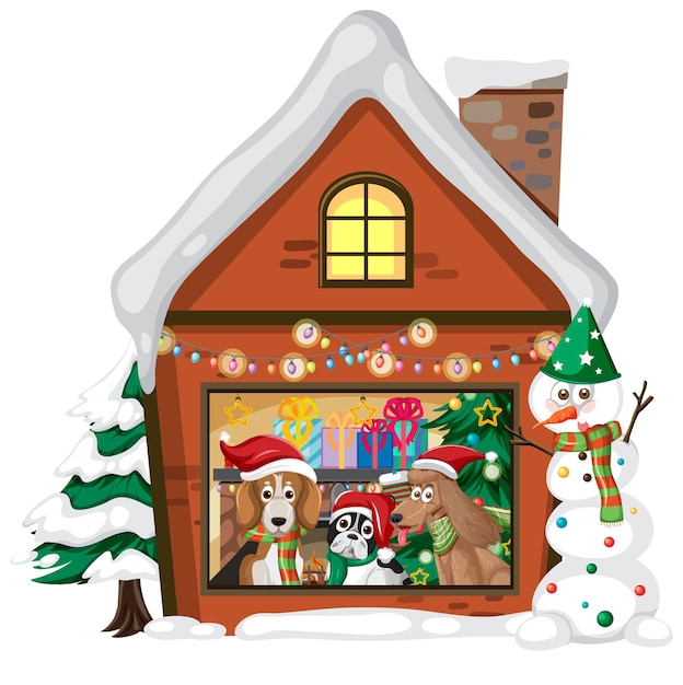 Vector cute dogs in christmas house on white background