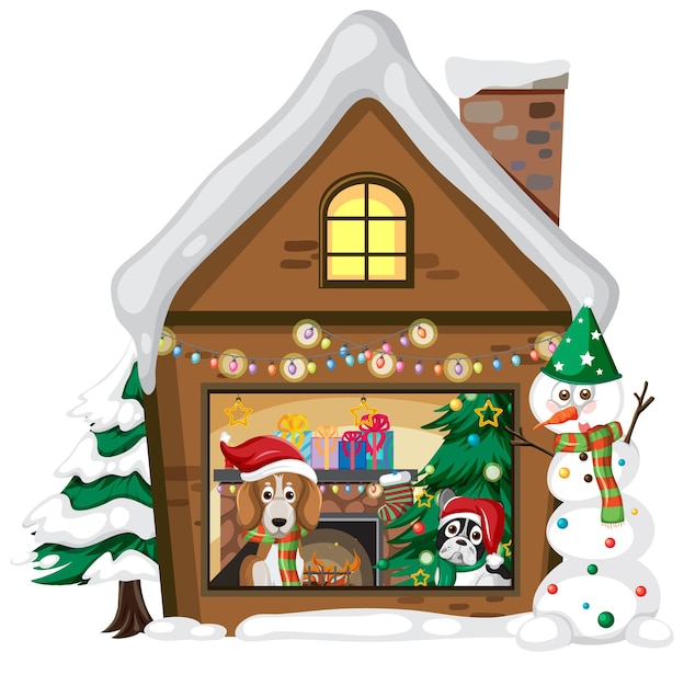 Cute dogs in christmas house on white background