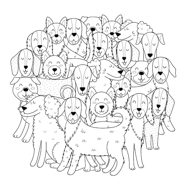 Cute dogs circle shape coloring page Funny puppy characters mandala for coloring book