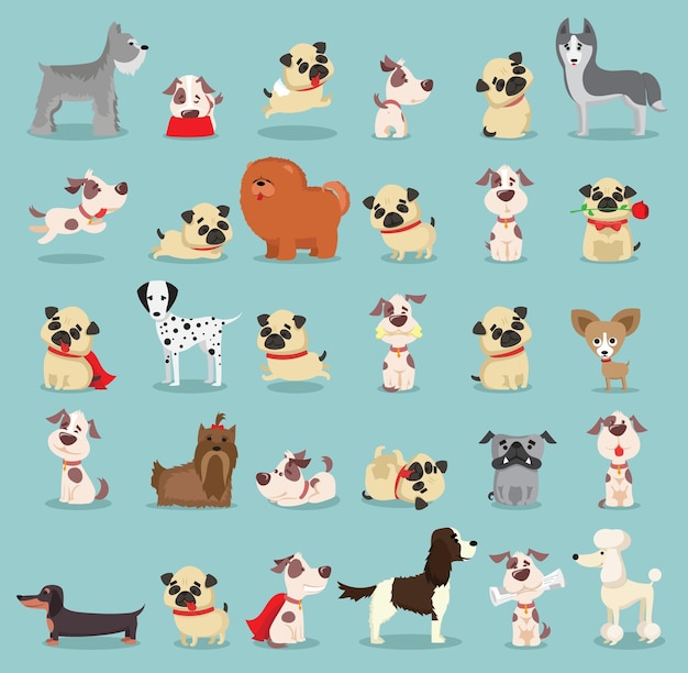 Cute dogs collection Vector illustration of cartoon different breeds dogs