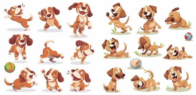 Vector cute dogs in daily routine eating jumping wiggle and sleeping