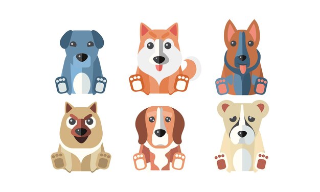 Симпатичные собаки разных пород устанавливают векторную иллюстрацию мультяшных животных на белом фоне.