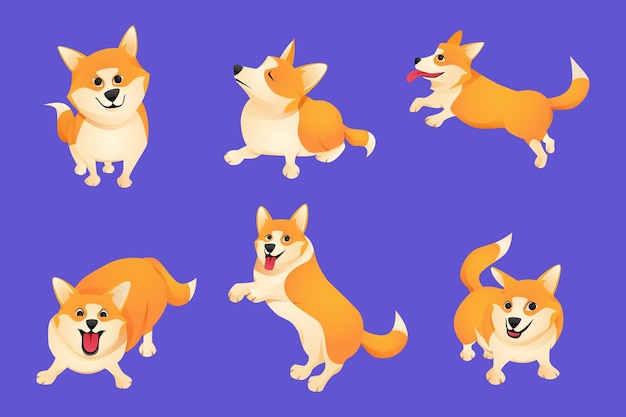 다른 포즈의 귀여운 개 corgi 만화 캐릭터