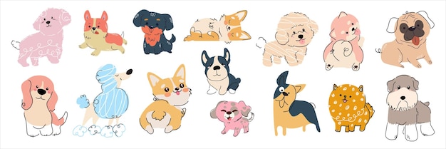 Cute dogs doodle vector set Cartoon dog or puppy characters design collection with flat color Hand