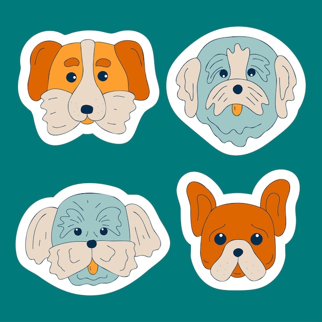 Vector cute dogs muzzle sticker set doodle color funny puppy faces dog heads different popular dog breeds