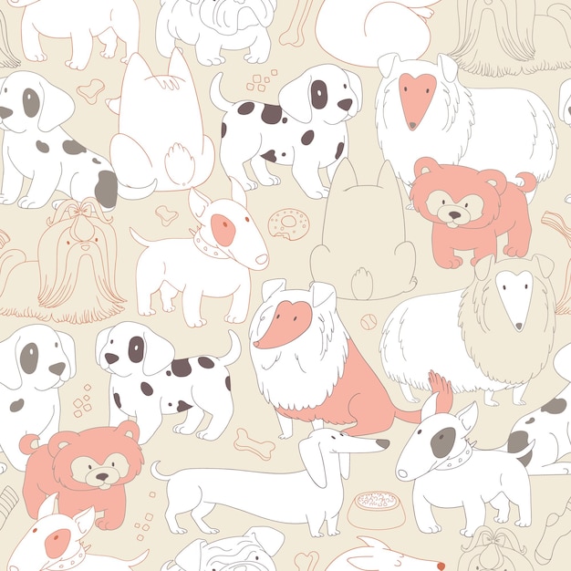 Vector cute dogs. pets. seamless pattern background in outline style.