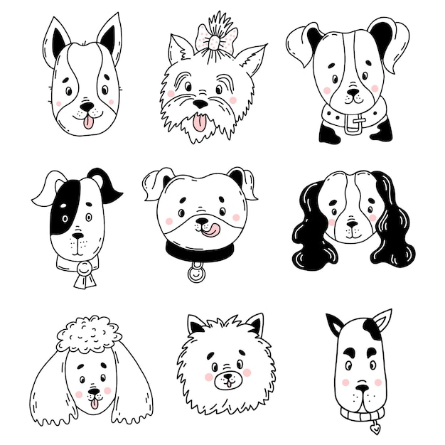 낙서 스타일의 다른 품종 벡터 일러스트 레이 션 라인 드로잉의 애완 동물의 귀여운 강아지 초상화