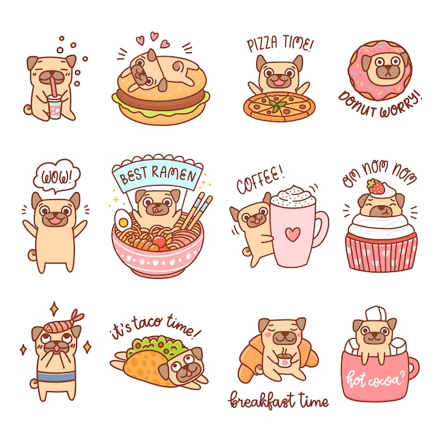 Cute dogs of Pug breed with different food and drinks