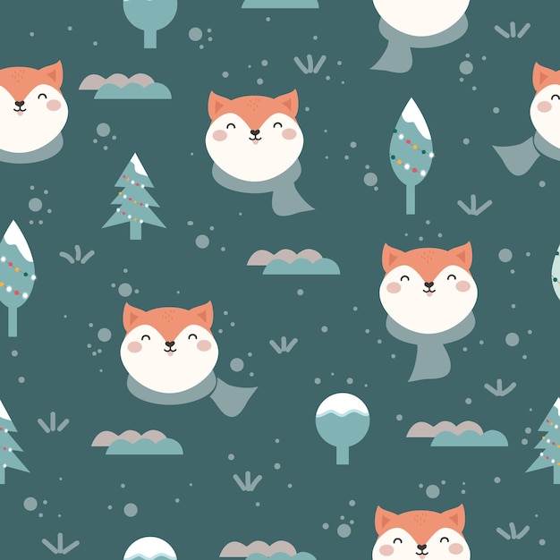 Cute dogs seamless pattern. Chilly dogs and winter forest on green background. Vector illustration,