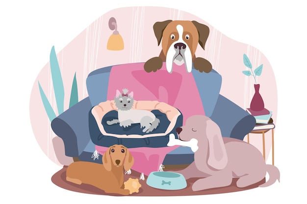 Vector cute dogs sitting on sofa at home concept background dogs of different breeds sitting and lying