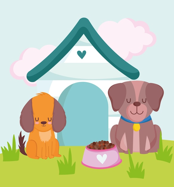 Vector cute dogs sitting with house and food in the grass vector illustration