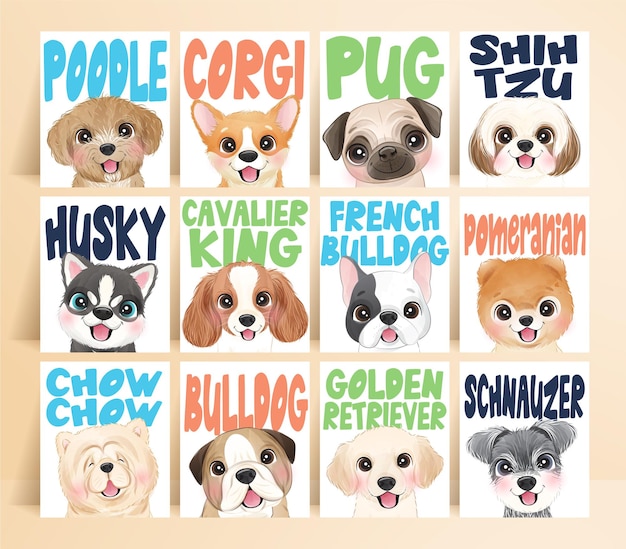 Vector cute dogs with name with watercolor illustration set