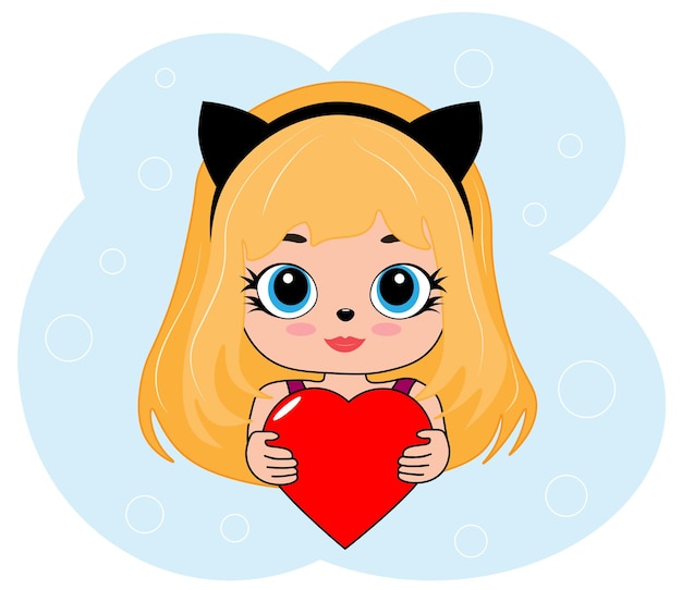 Vector cute doll with cat ears and a heart in her hands