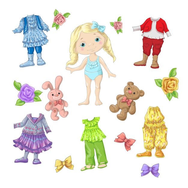 Vector cute doll with sets of clothes with accessories and toys.