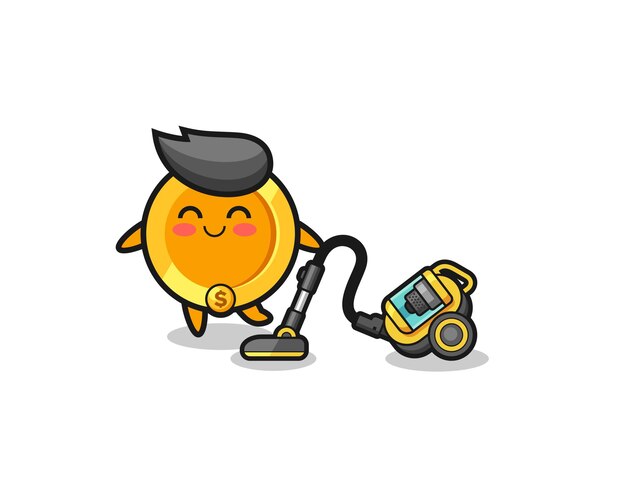 Cute dollar coin holding vacuum cleaner illustration , cute design