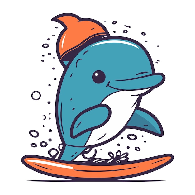 Vector cute dolphin in a cap and a surfboard vector illustration