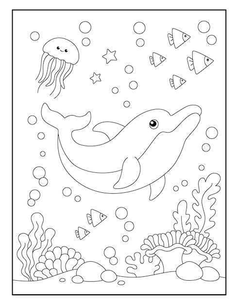 벡터 어린이를 위한 귀여운 돌고래 색칠 공부 페이지
