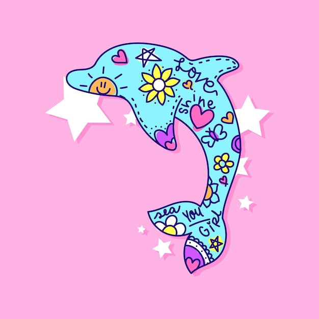 Vector cute dolphin with doodles