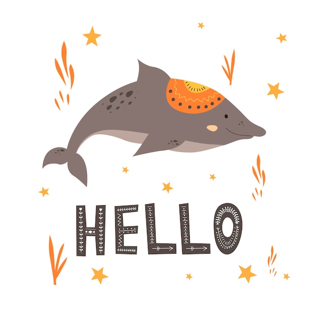 Delfino carino con iscrizione scritta - hello. stile scandinavo, nordico. disegno di illustrazione vettoriale disegnato a mano semplice carino. ideale per asili nido, tessuti per bambini, abbigliamento, poster, cartoline