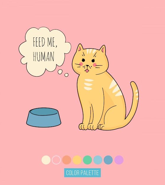 Cute domestic cat quote print. cat hungry, shouts meow isolated - sticker,  icon. cat screaming, asks to eat illustration with phrase in bubble speech.