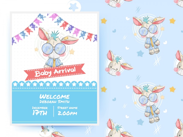 Cute donkey baby shower party card template and seamless pattern