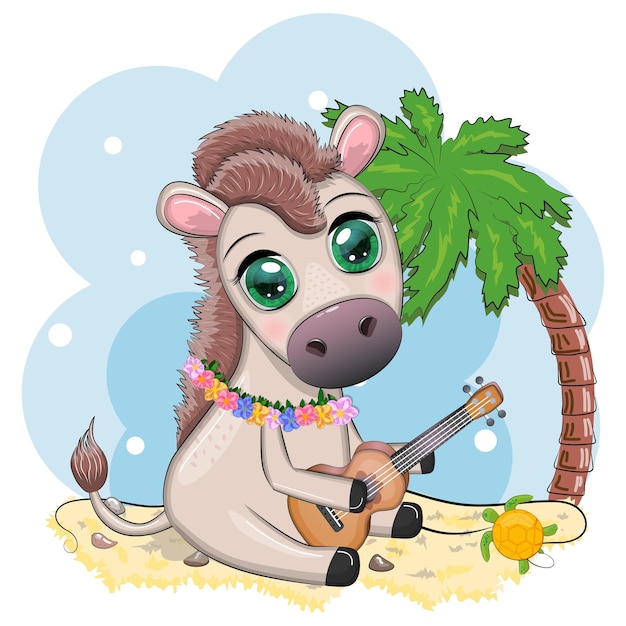 A cute donkey in a flower wreath with a guitar a hula dancer from Hawaii Summer card for the festival travel banner