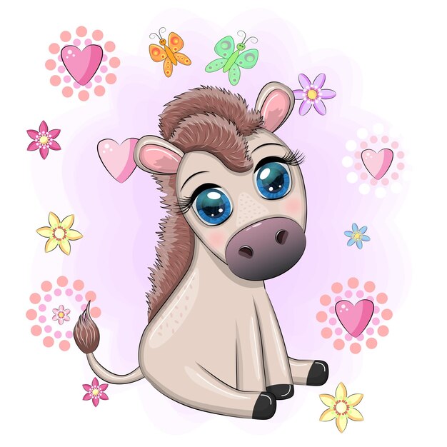 cute donkey in flowers with balloons spring theme postcard for the holiday