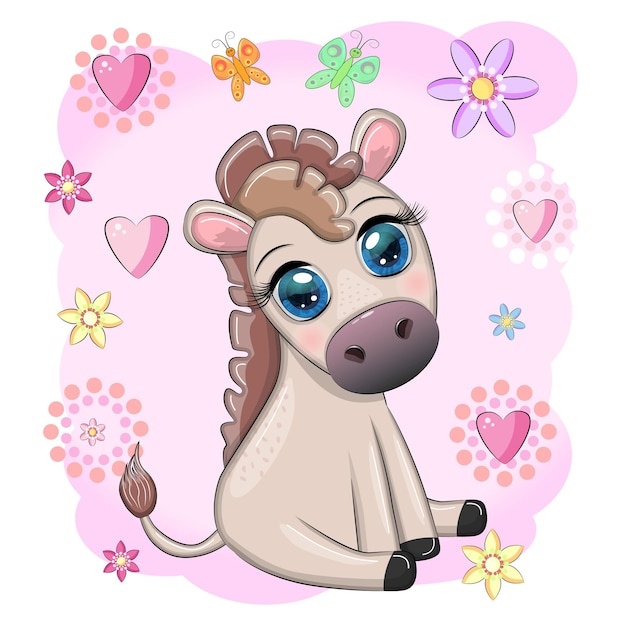 cute donkey in flowers with balloons spring theme postcard for the holiday